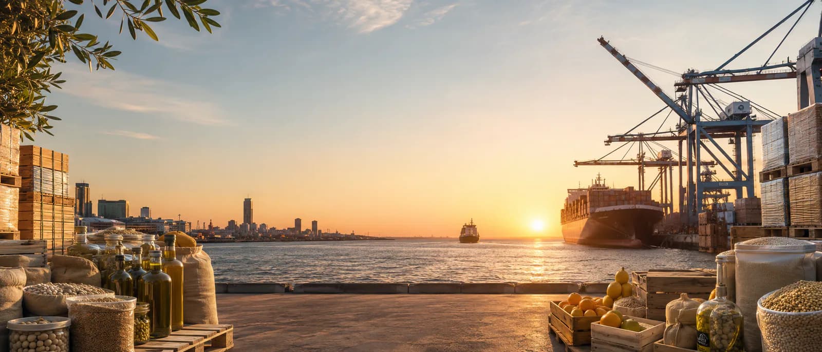 Buque comercial saliendo de una terminal portuaria al atardecer