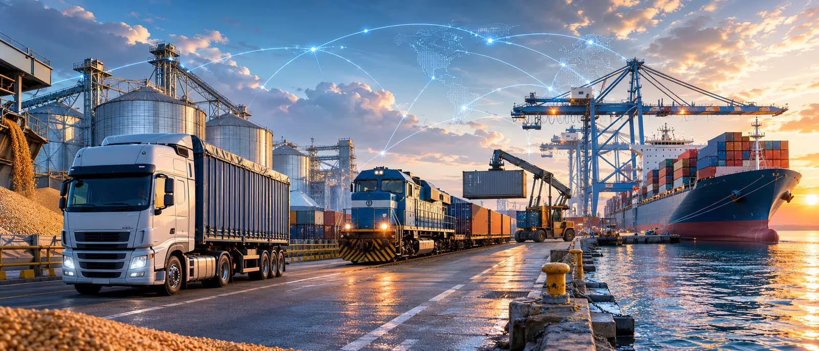 Logística multimodal con camión, tren y terminal portuaria