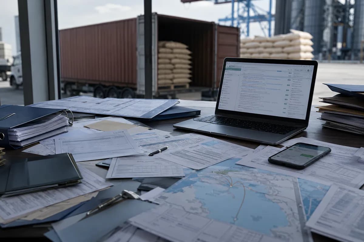 Mesa de comercio exterior con documentación y herramientas dispersas