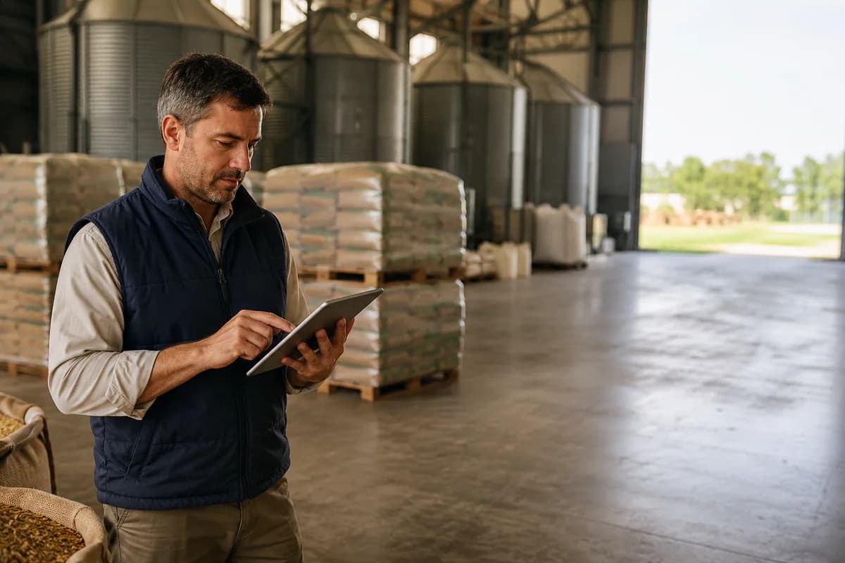 Responsable de una empresa agroindustrial revisando operaciones en una planta