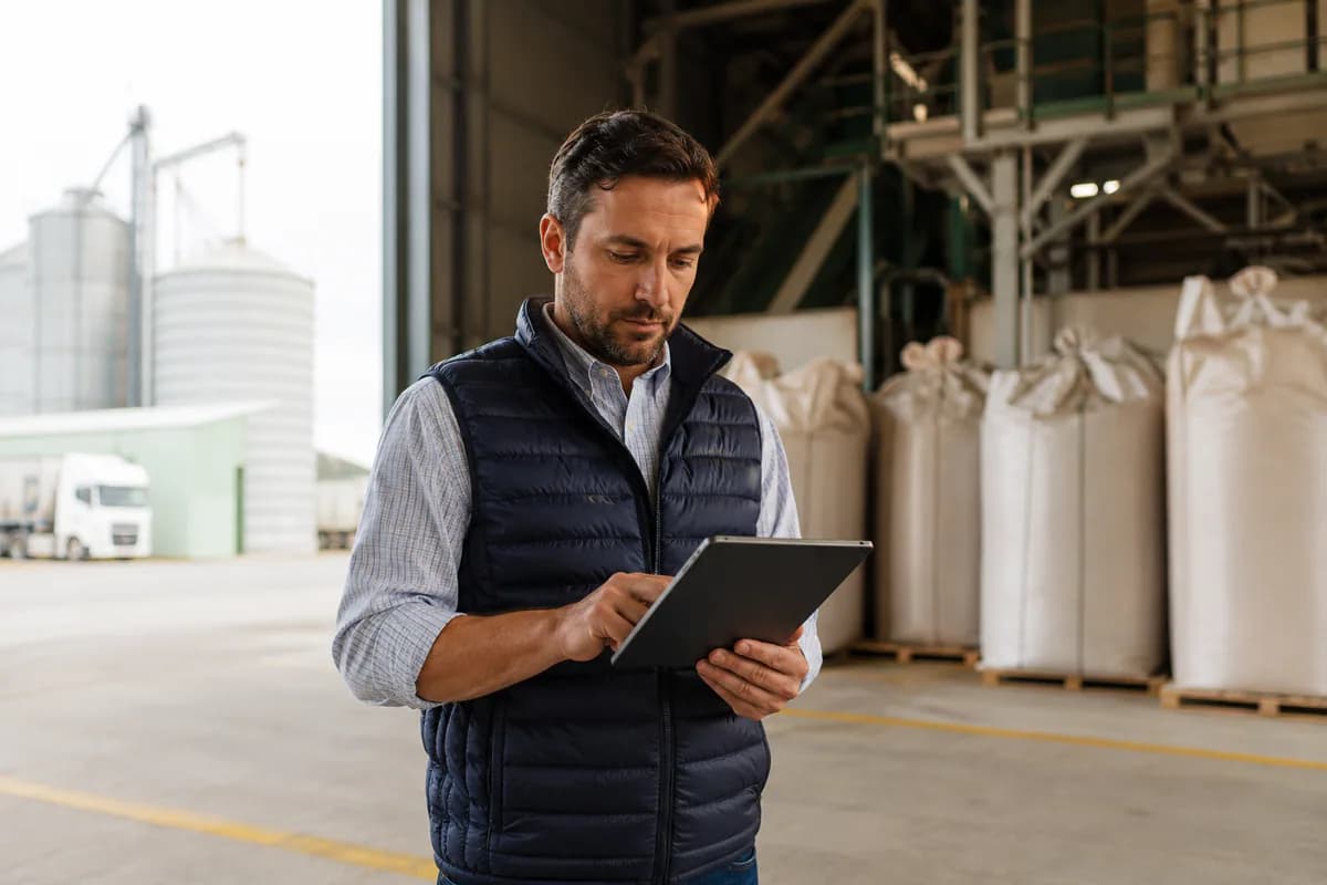 Responsable de producción gestionando lotes desde un depósito agroindustrial